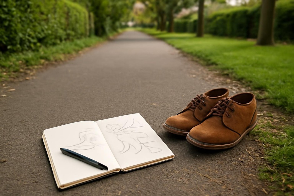 Sketchbook and shoes beside a quiet neighborhood path